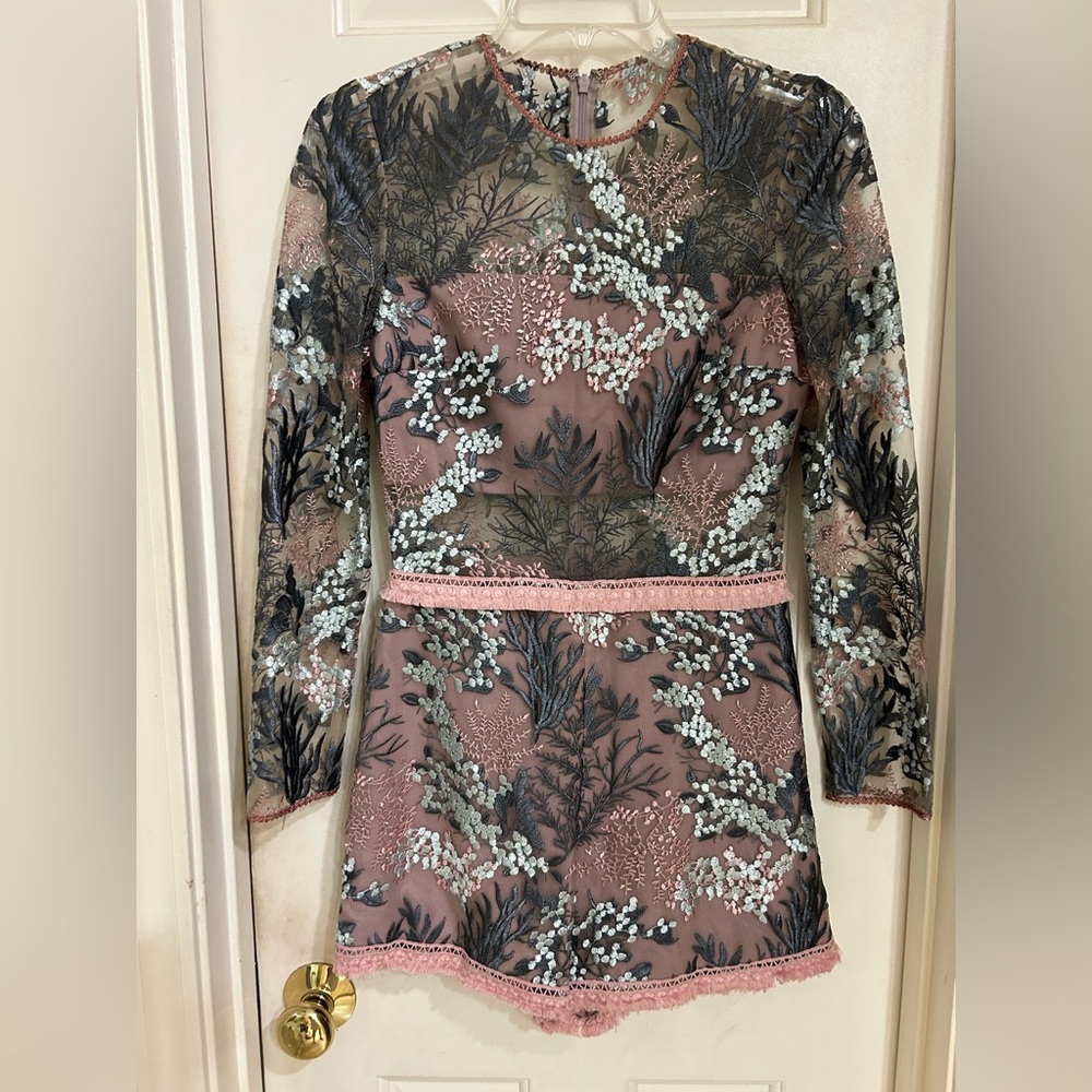 ALEXIS Floral Embroidered Crew Neck Romper, Dusty Rose, Pale Blue, Sz S - Picture 3 of 16